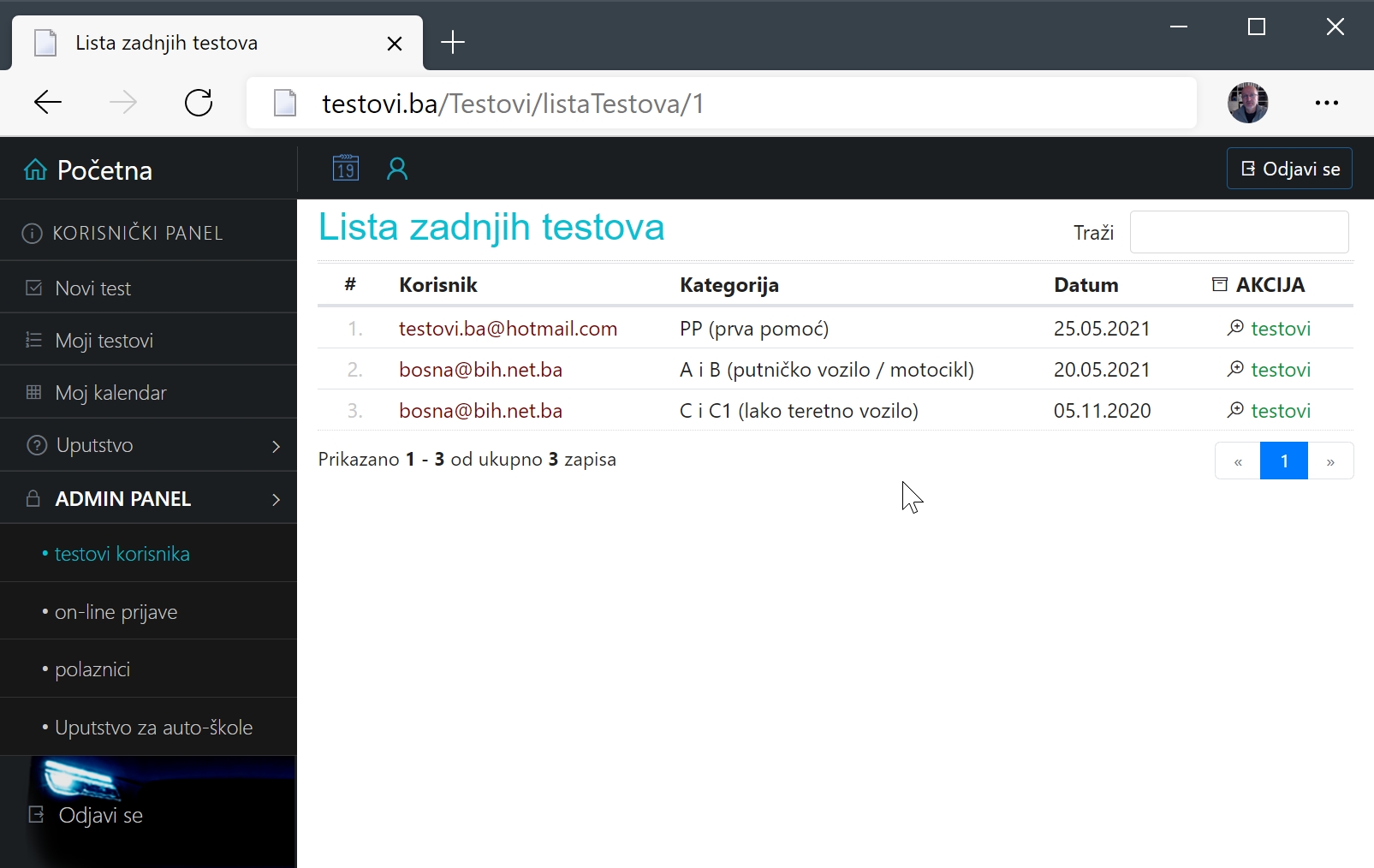 <b>testovi.ba</b><br/>lista zadnjih testova polaznika