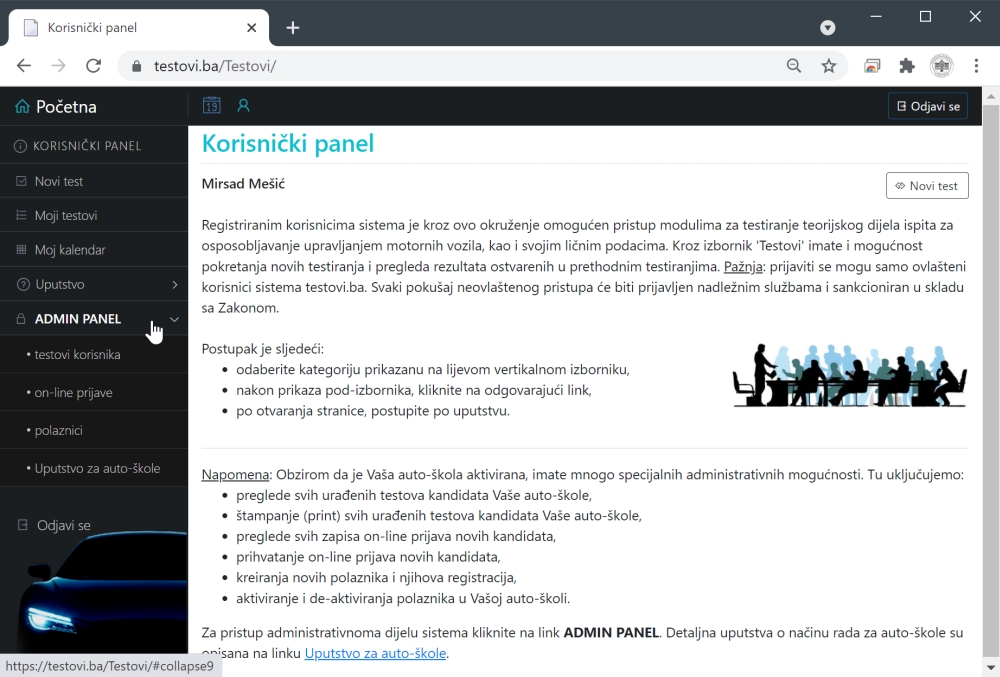 <b>testovi.ba</b><br/>pristup modulu <i>Admin panel</i>